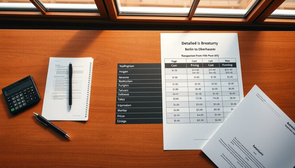 Photorealistic overhead view of a detailed cost breakdown and pricing table for a shipment from Berlin to Oberhausen. Elegant wooden table surface with high-quality office supplies - pen, calculator, and a folder with documents. Warm natural lighting from large windows highlights the clean, organized layout of the information. Subtle textures and realistic imperfections create a professional, yet inviting atmosphere. No distracting elements, the focus is solely on the clear and transparent cost structure for the transportation service.